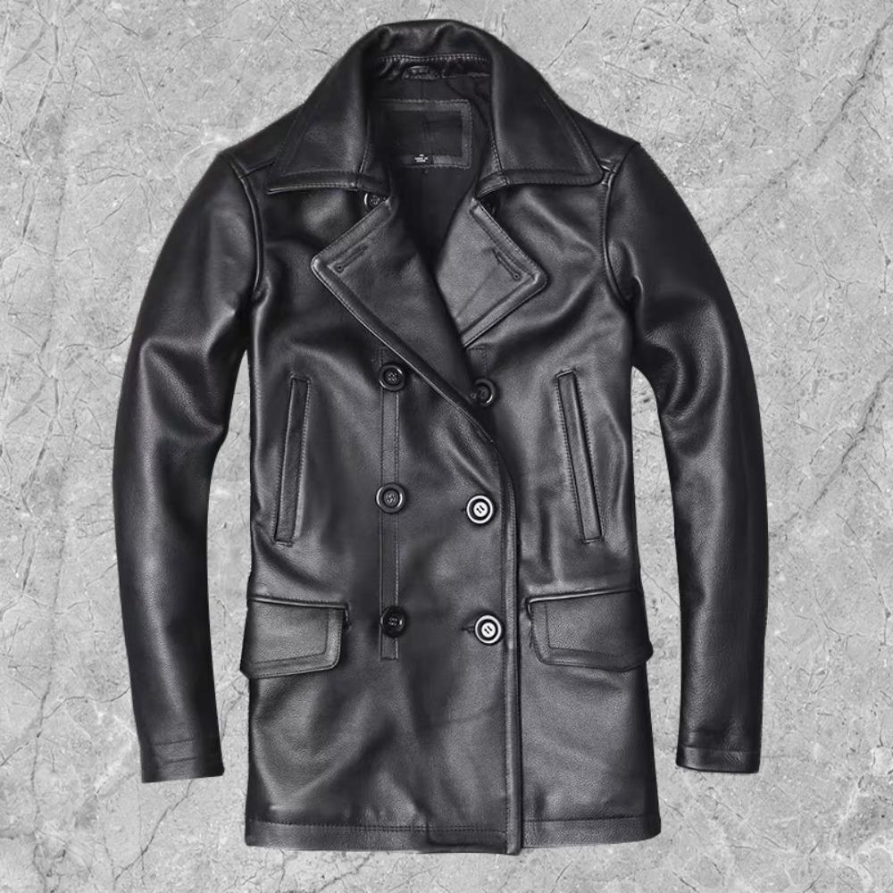 Chinese Size Long Jacket Men Genuine Leather Wind Coat Classic Black Plus Size Cowhide Jacket Casual Leather Cloth