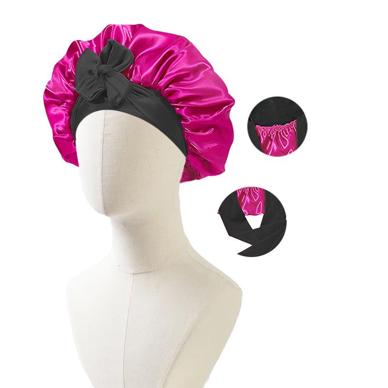 Satin Nightcap with Ribbon Bowknot, Double-Sided Silk Hair Cap, Leopard Print