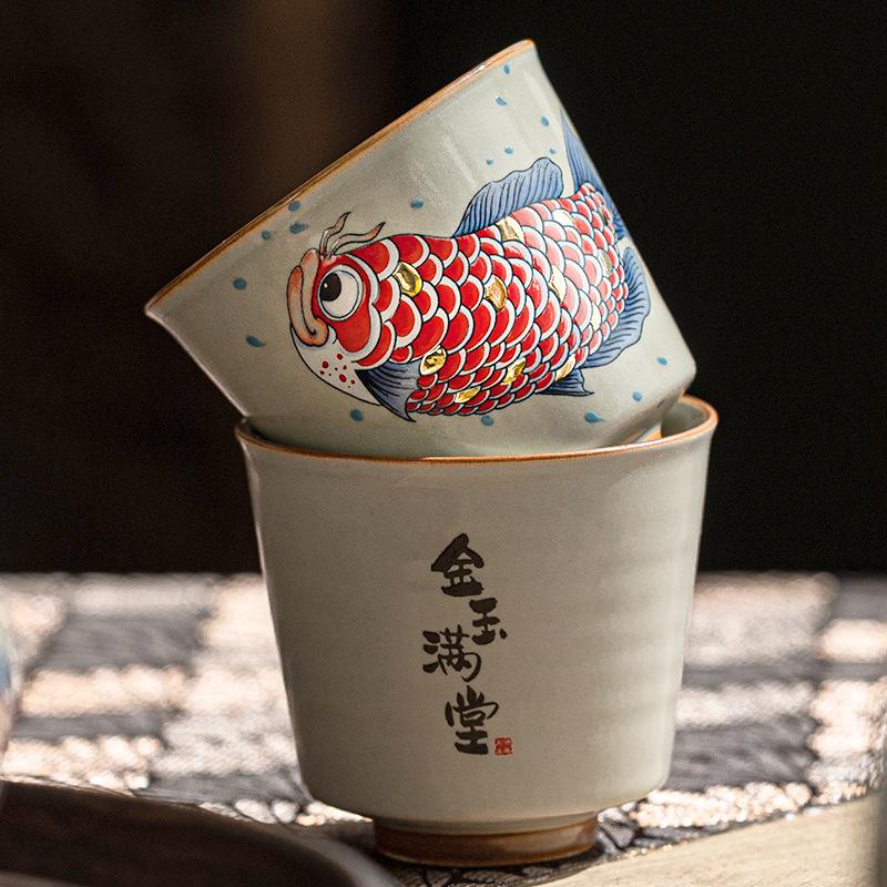 Hand Painted Fish Antique Chinese Teacup Ceramic Carp Single Cup Home Personal Tea Set Retro Kung Fu Household Tea Cup New