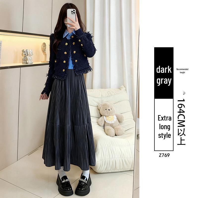 Women's Black Gold Velvet A-line Pleated Midi Skirt, High Waist, Spring/Autumn 2026