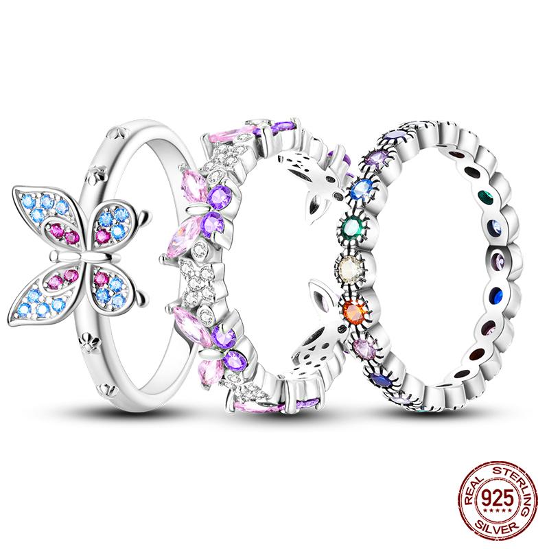Real 925 Silver Plate Colorful Dragonfly Butterfly Cubic Zircon Rings For Women Wedding Engagement Birthday Jewelry Gift