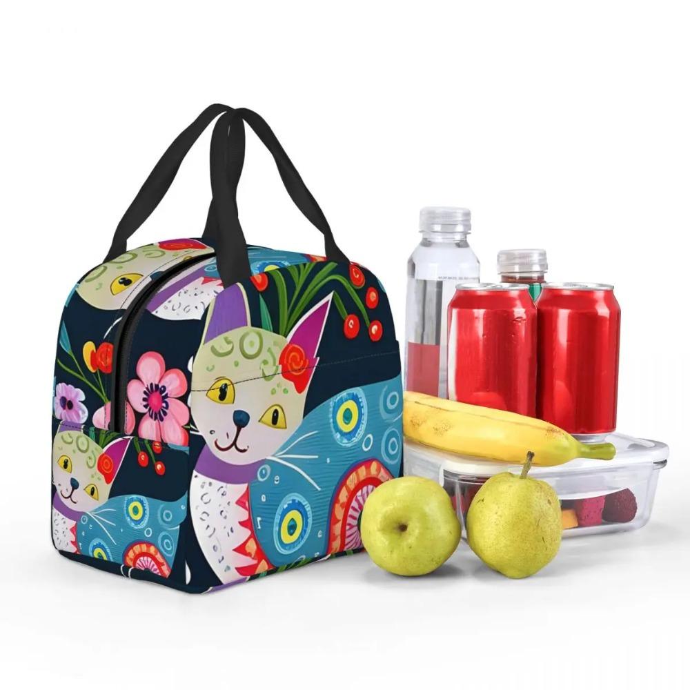 Abstract Colorful Floral Cat Oil Painting Insulated Lunch Bag for Women Children Leakproof Food Boxes Thermal Lunch Box Tote