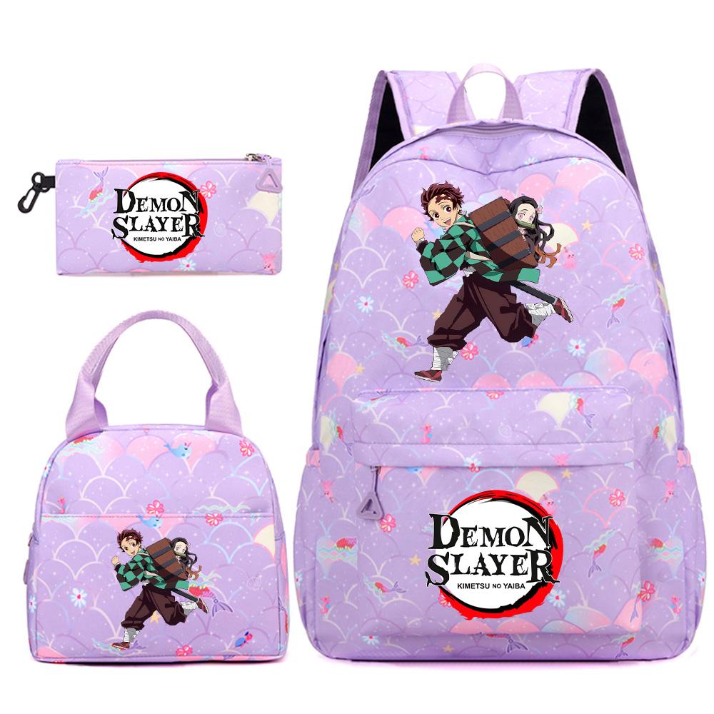 3Pcs/set Anime Demon Slayer Printed Backpack Handbag Pencil Case for Teenger Student Bookbag Women Large Capacity Waterproof Travel Bag Mochila