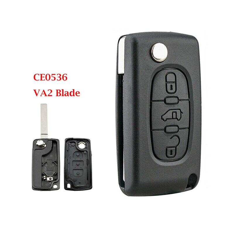CE0536 Replacement Car Key Fob Shell for Peugeot 207 307 407 308 for Citroen C2 C3 C4 C5 Berlingo, 3 Buttons Flip Case with Uncut VA2 Blade