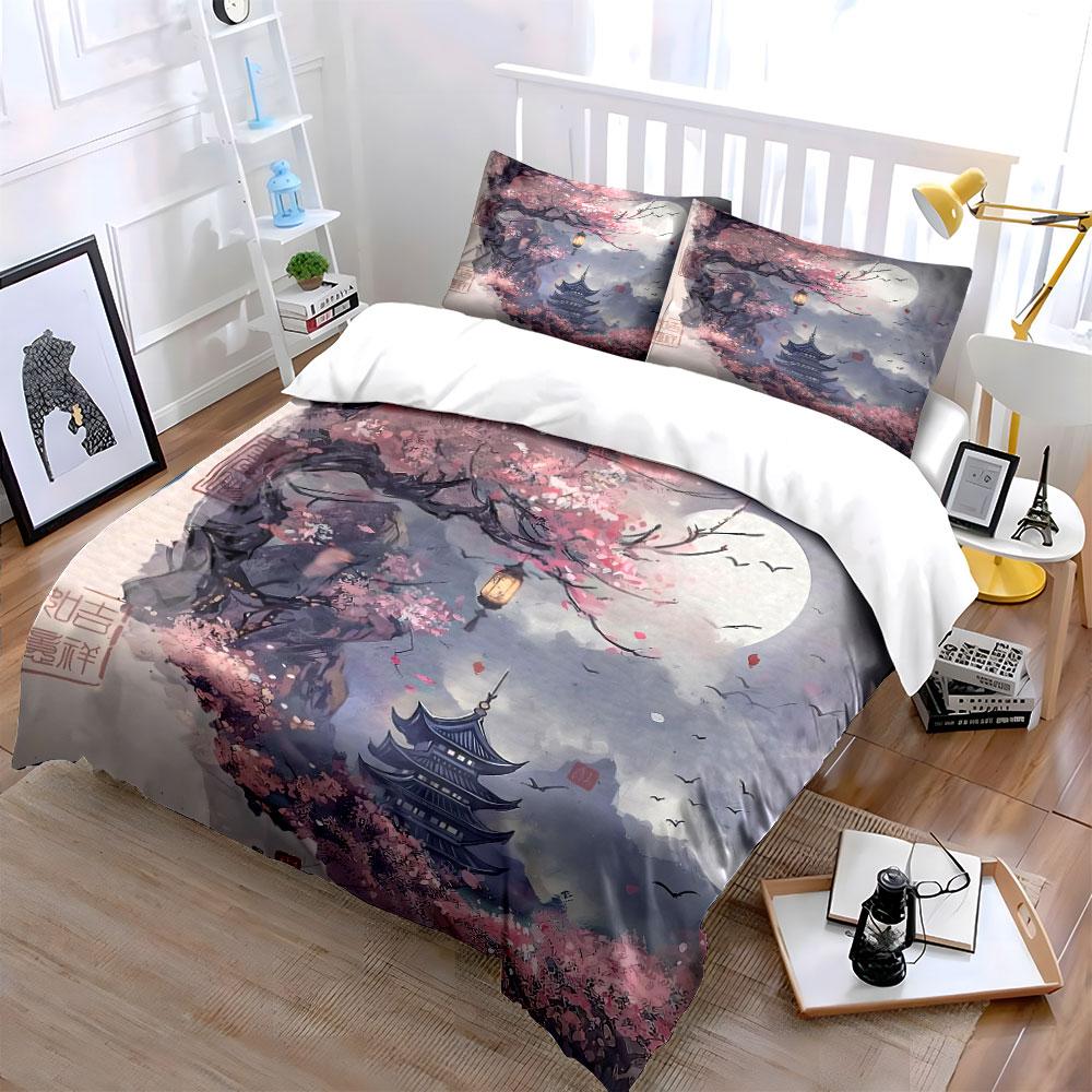 "Cherry Blossom Landscape Decoration Set" Bedding Set with 1 Duvet Cover 2 Pillowcases Single Double King Queen, Gift