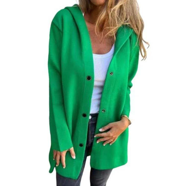 Loose Mid Length Coat Cardigan for Women Thick Hooded with Pockets Solid Color Down Button Fall Winter Outdoor Travel