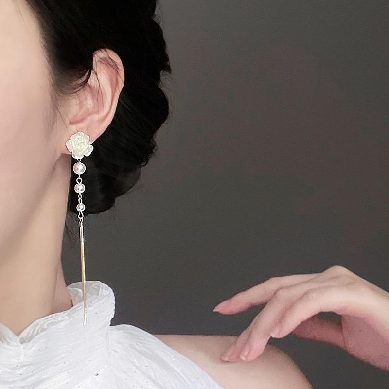 Elegant  Fairy Long Camellia Pearl Tassel Earrings For Women Minimalist Luxury Quality Jewelry Piercing Stud Earrings