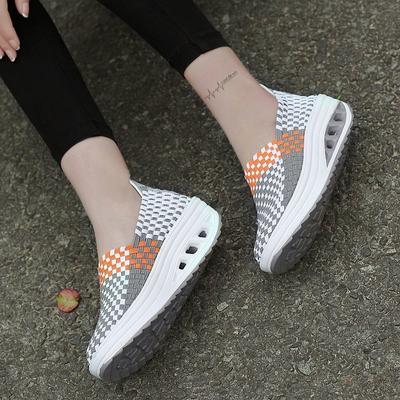 Zapatos casuales de mujer con cabeza redonda, banda elástica de nailon, de malla y manga única, transpirables, de tacón plano