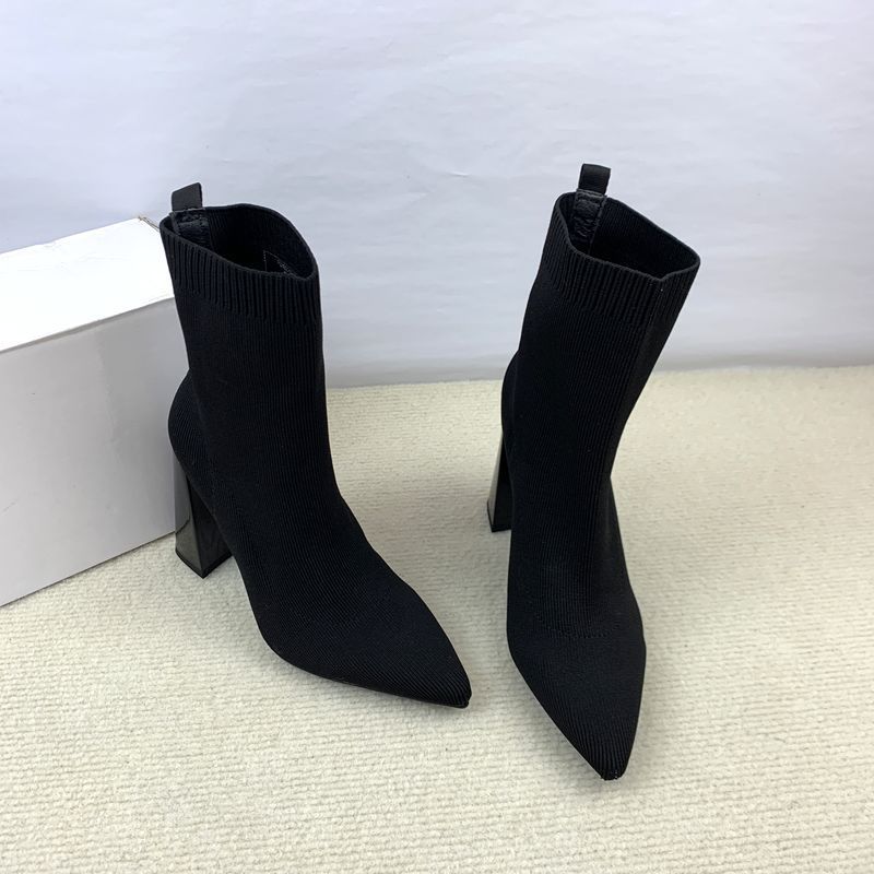 Elastické čižmy priedušné hrubý podpätok pletený špicatý dizajn elegantné niche krátke čižmy pôsobia tenko módne ľahké