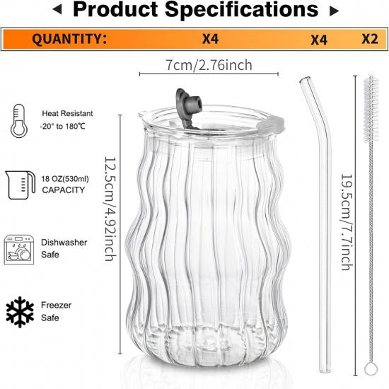 KEMORELA 4PCS Ribbed Glass Cups with Lids & Straws – 18oz Vintage Wavy Glass Coffee Cups, Bubble Glass Aesthetic for Iced Coffee, Clear Ribbed