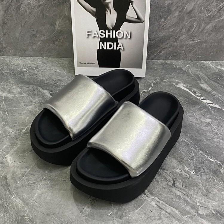 Giant Display Height~ European Calfskin Bread Slippers Women's Thick-soled Outer Wear 2024 Summer New Versatile Small Cool Slippers