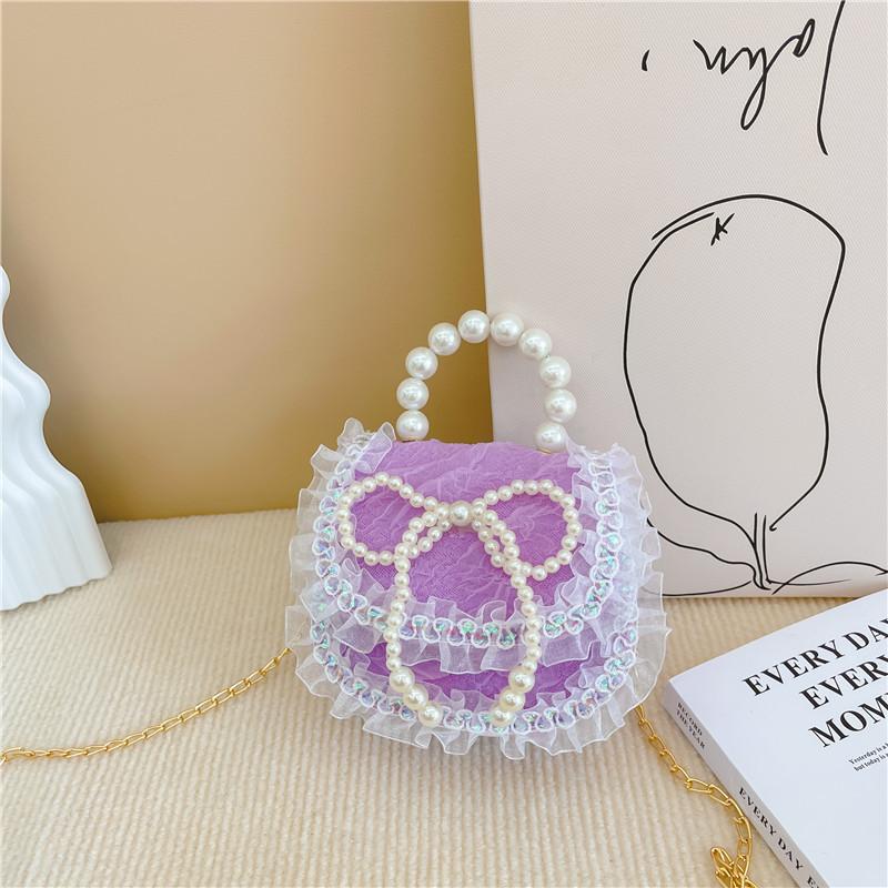 2025 new girls pearl handbag cartoon cute bow princess shoulder bag lace small satchel