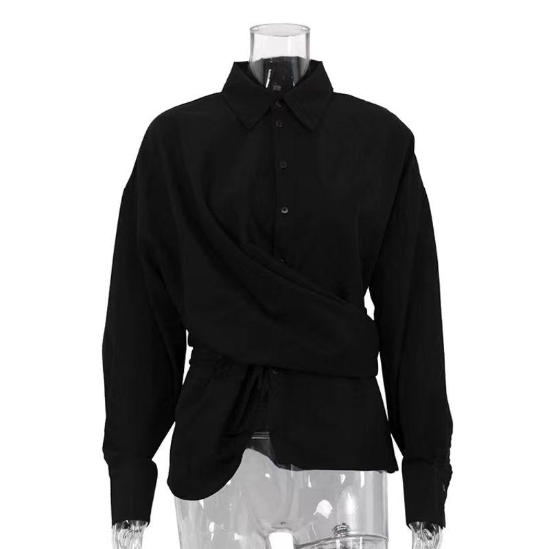 

Fashion Fashion Long Sleeve Lapel Single Breasted Shoelace Shirt Single Brewed Lace up Shirt Black L