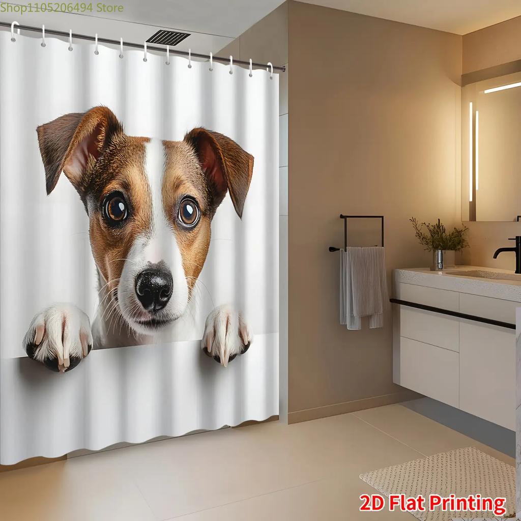 Jednoduchý 2D plochý sprchový závěs s Jack Russell teriérem - Roztomilý kreslený design zvířátka, Vyrobeno z odolné polyesterové tkaniny