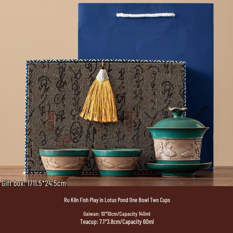 Ru Kiln Fish Play Lotus Pond Gaiwan Tea Set 1
