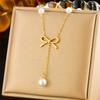 316L Stainless Steel Pearl Bowknot Chain Tassel Necklace Earrings Set For Women Lady Fashion New Jewelry Party Wedding Gifts