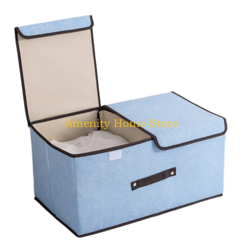 

F26C Durable Cotton Linen Storage Box with Cover Double Lids Underwear Container Versatile Clothing Organizers for Women