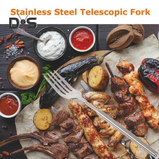 2Pcs Stainless Steel Telescopic Fork Extendable Long Handle Food Grade Dishwasher Safe Portable Grilling Fork Utensil Cutlery Barbecue Tool