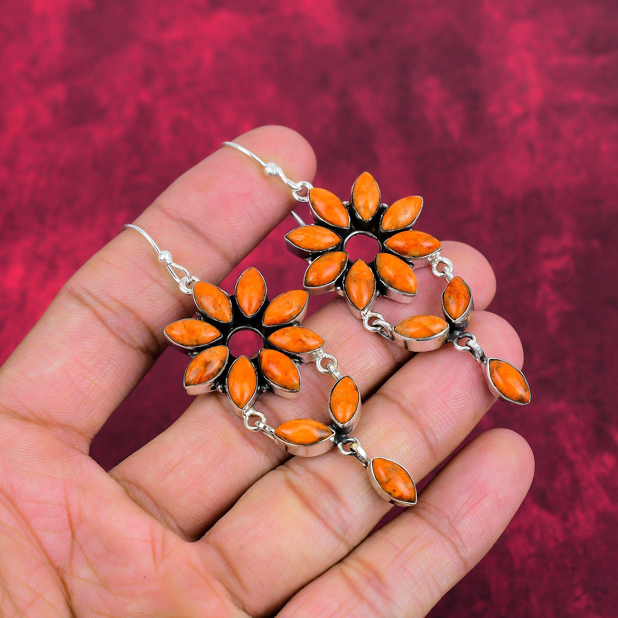 

Серьги из цельного серебра 925 пробы с оранжевым кораллом Spong, серьги с драгоценными камнями ручной работы на День памяти 3.03 Inches оранжевый