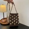 Cute Korean Style Beaded Woven Phone Bag Bohemian Wax Rope Hollow Out Shoulder Bag Handmade Vacation Style Beach Bag Outdoor