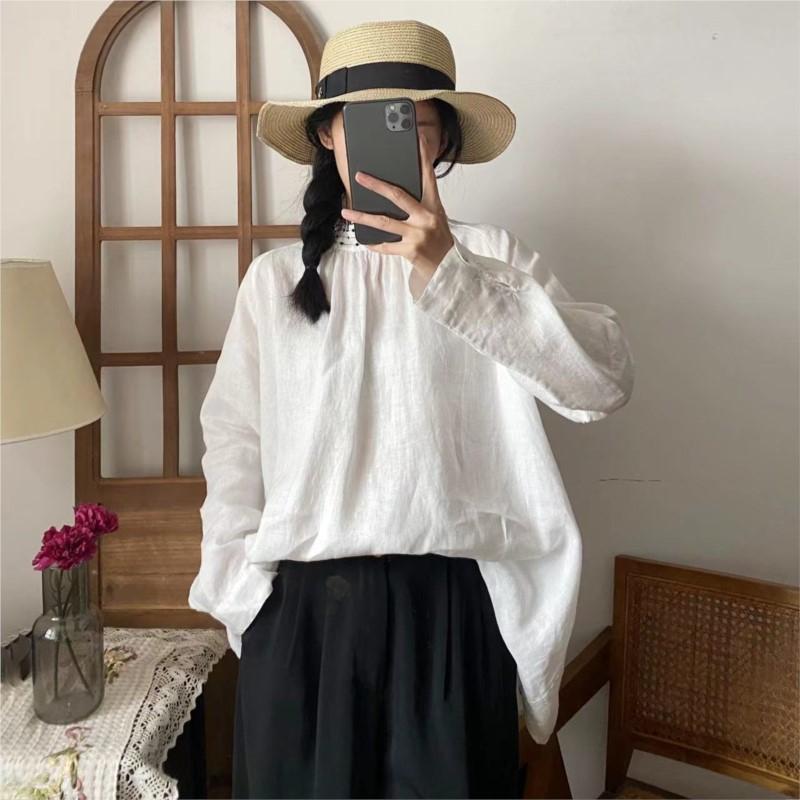 Johnature Frühling Sommer Dünne Weiße Frauen Tops Casual Leinen Rüschen Kragen Patchwork Lose Einfache Weibliche Shirts