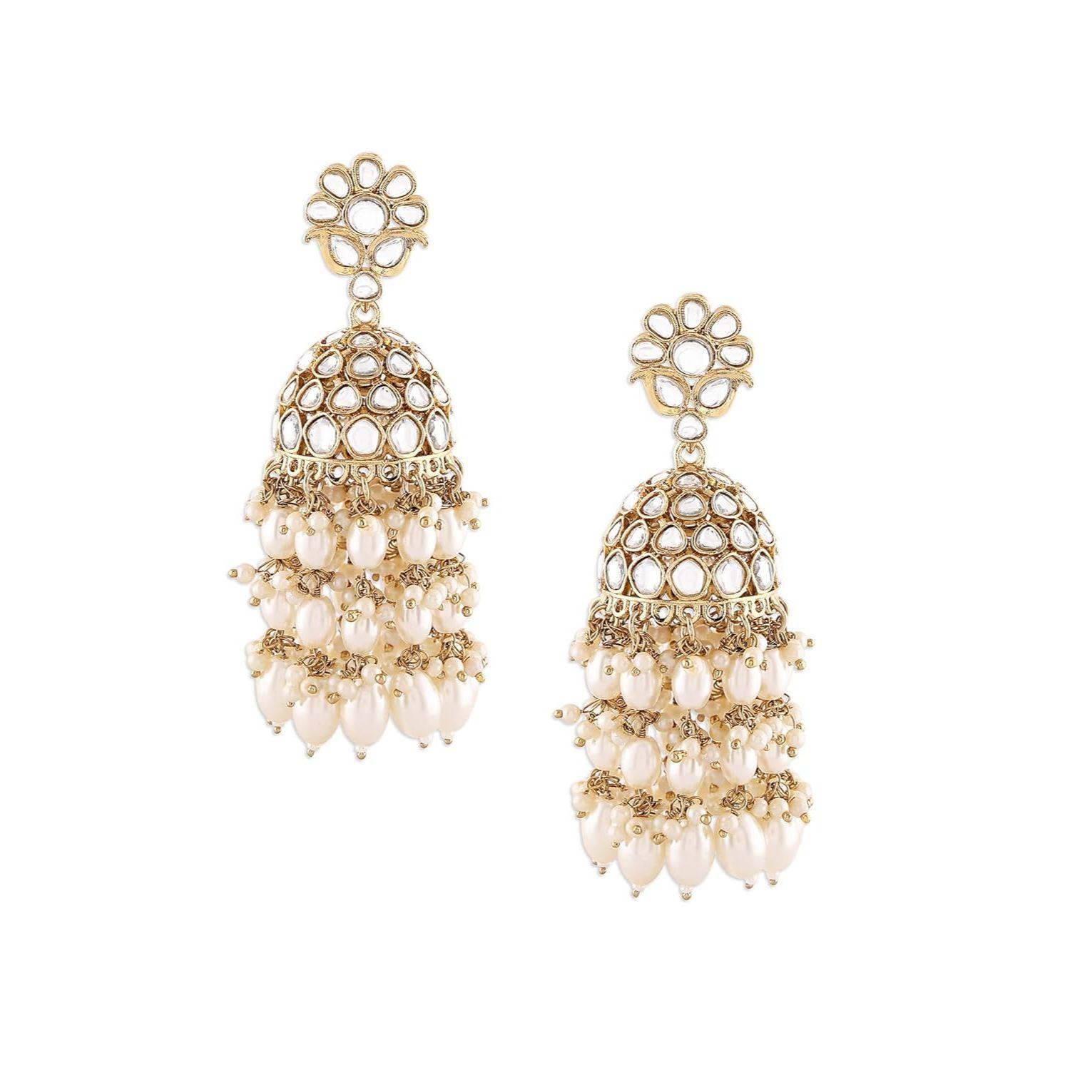 

Gold Tone Kundan & Cluster Pearl Drop Traditional Jhumka Earring For Women