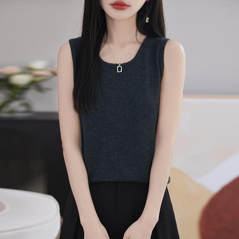 

Женский облегающий трикотажный шерстяной топ-майка без рукавов с U-образным вырезом L темно-серого