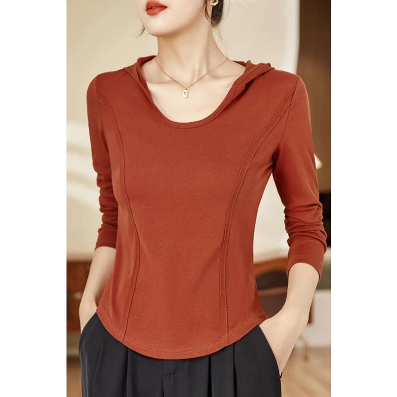 Women s Spring Casual Cotton Hoodie U Neck Long Sleeve Fitted Tee S красный