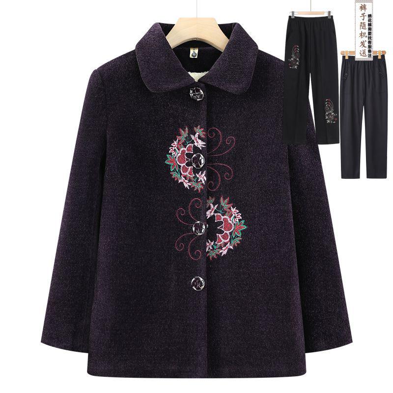 Elegant Embroidered Wool Coat for Elderly Women - Autumn/Winter Fashion with Velvet Lining