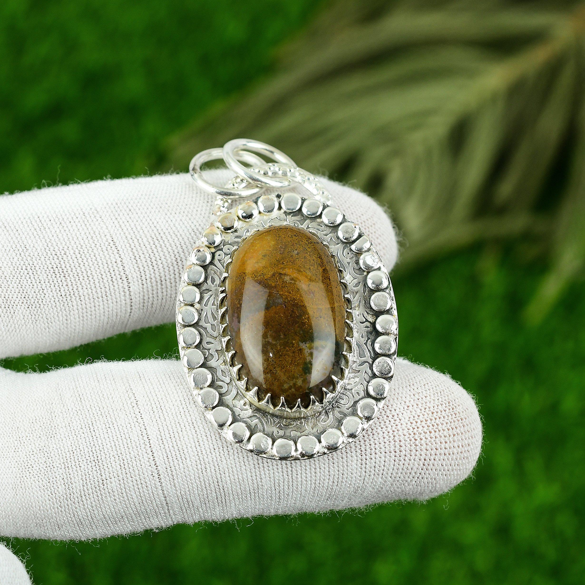 Овальный Натуральный Океанический Яшма Безель Юбилейный Подвеска Ювелирное Изделие Серебро 925