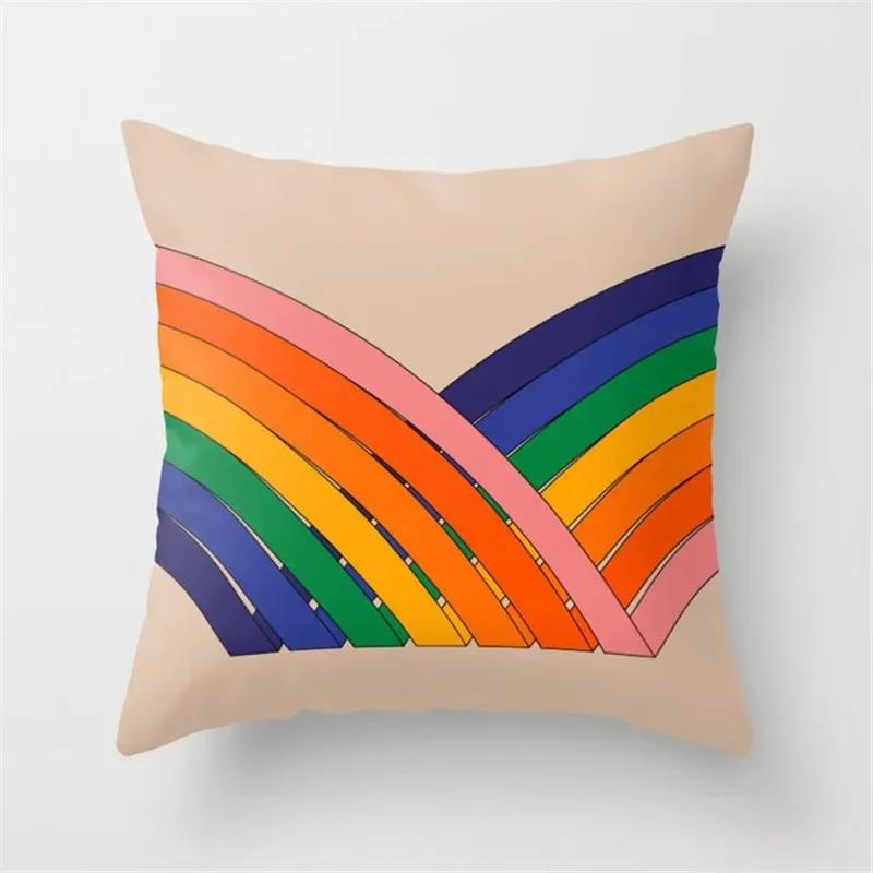 Vibrant Orange Rainbow Sunset Print Pillow Cover Abstract Geometric Lines   Sofa Car Office Cushion  Home Decor