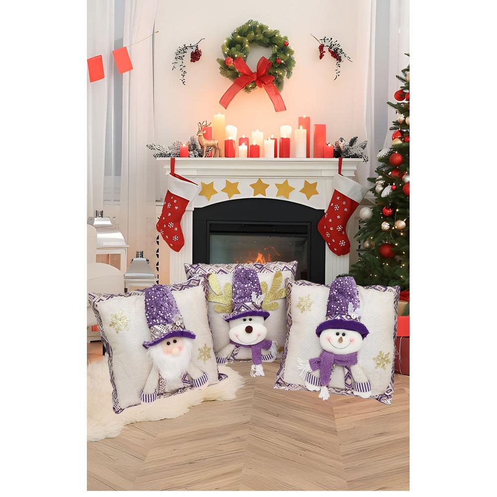 Festive Holiday Throw Pillow Cover with Glitter Sparkle and Iconic Santa Claus Snowman and Elk Designs for Sofa