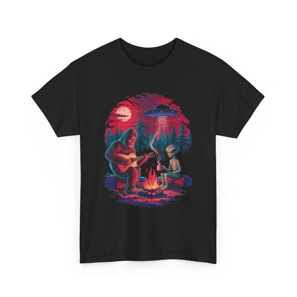 Alien and Bigfoot Campfire Moon UFO Adventure Hiking Women Men T-Shirt