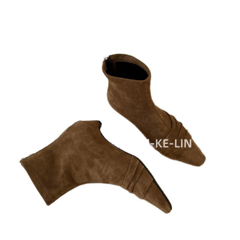 2025 Autumn and Winter New Pleated Suede Pointed Toe Heel Short Boots Women's Rear Zipper Slim Temperament and Ankle Boots Women