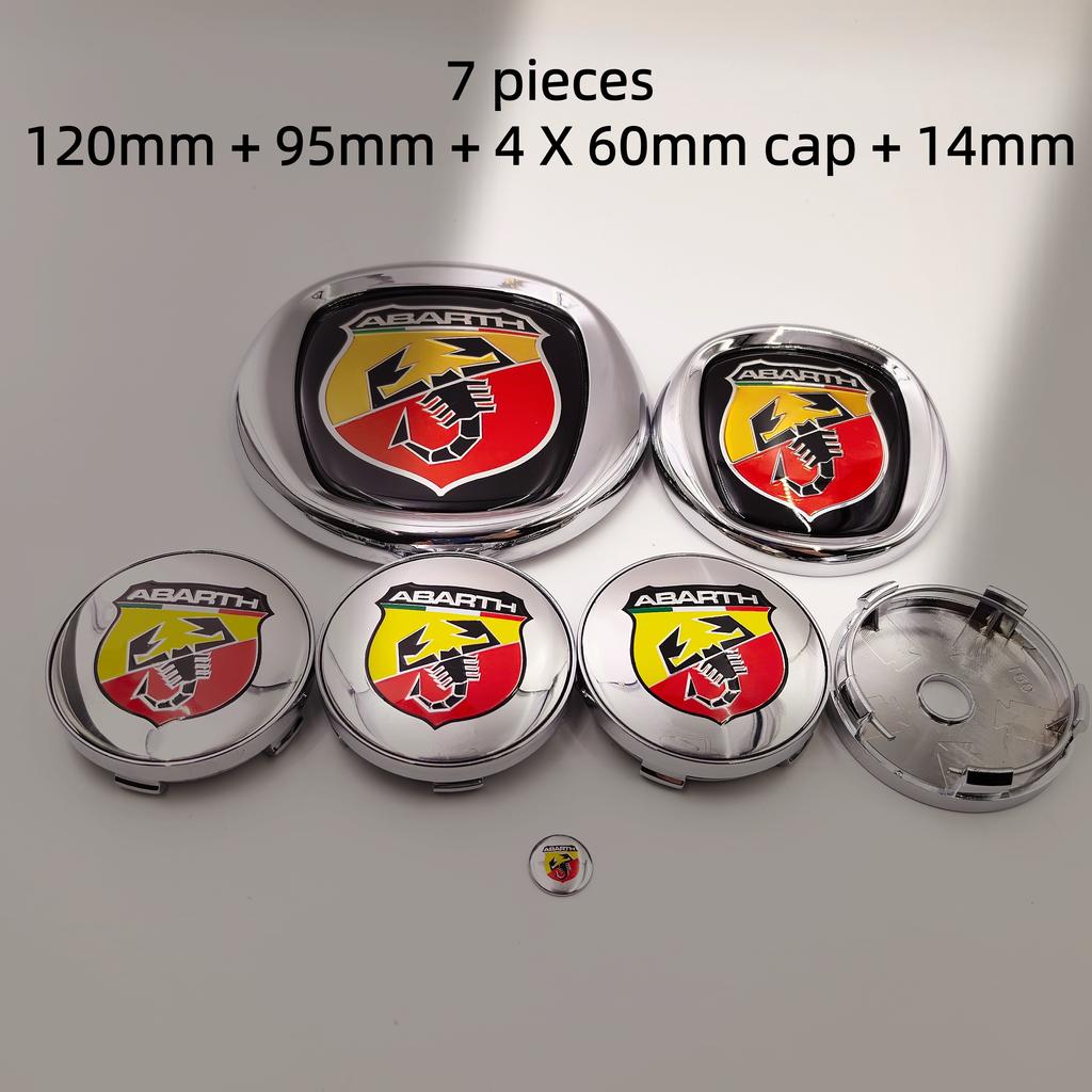 7pcs Fiat Abarth Car Front Hood Bonnet Badge 85/95/100/120mm Rear Trunk Boot Badge 10/12cm Hub Cap Wheel Center Cap 56/60mm