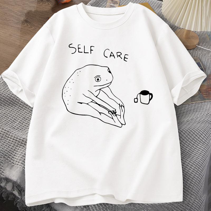 Funny Frog Self Care T-Shirt Women Men Summer Round Neck Short Sleeve Tee Shirt Streetwear Retro Cottagecore Frog Printed Tshirt