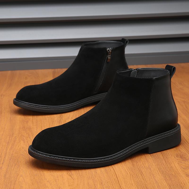 Classic Black Leather Pointed Chelsea Mid Top Boots Leather Shoes Fashionable Suede Leather Men's Autumn Comfortable Short Boots