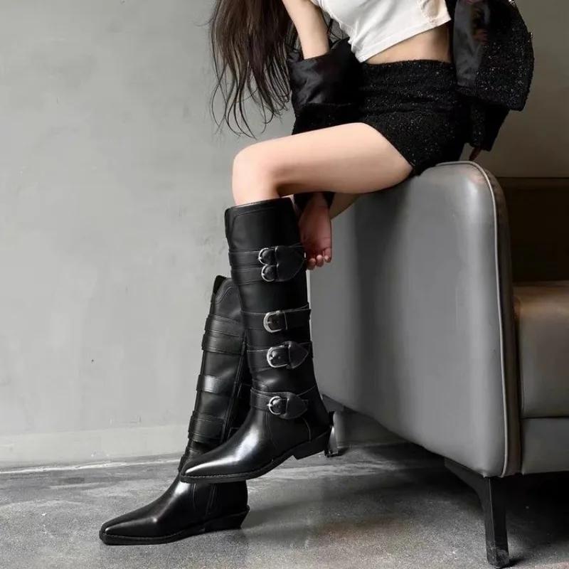 Fashion Shoes for Women 2024 High Quality Slip-on Women's Boots Fashion Belt Buckle Knight Boots Sexy Pointed Toe Solid Knee-High Boots