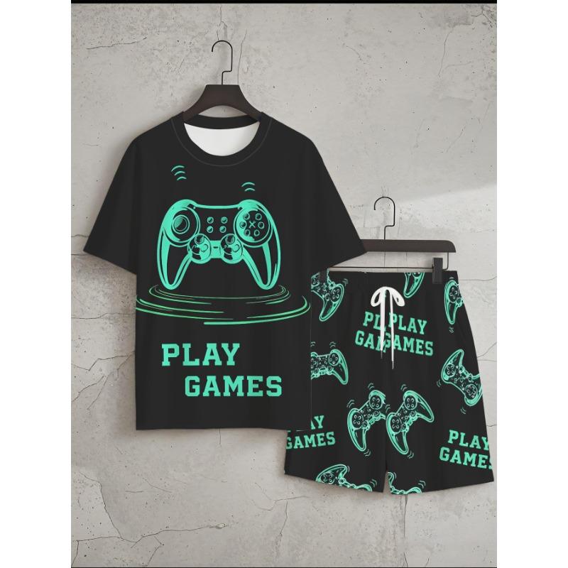 Men s Gamer Graphic Summer Set: Black Tee with Neon Green Gamepad   Play Games  Text. Matching Shorts for Daily Wear  Gaming Lounge S чёрный