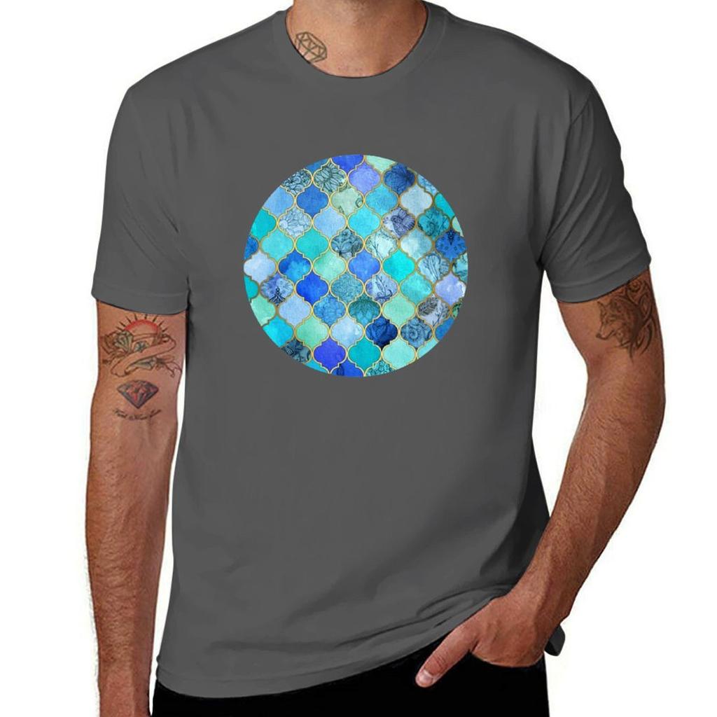 Cobalt Blue Aqua  Gold Decorative Moroccan Tile Pattern Tshirt Simple Solid Color Crew Neck Tee Tshirt