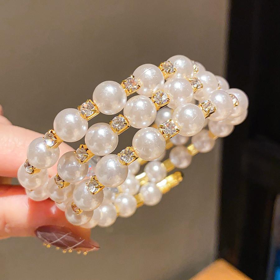 Fashion Pearl Beaded Three Layer Open Cuff Bracelet With Diamond Inlay For Women золотой