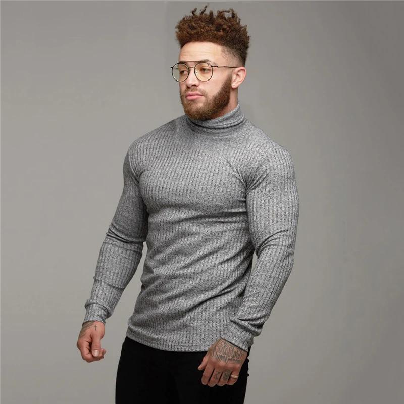 Muscleguys Autumn Turtleneck Mens Running T-shirts Thin Knitted Sports Sweaters Roll Neck Pit Strip Slim Fit Gym Fitness Pullover T Shirts