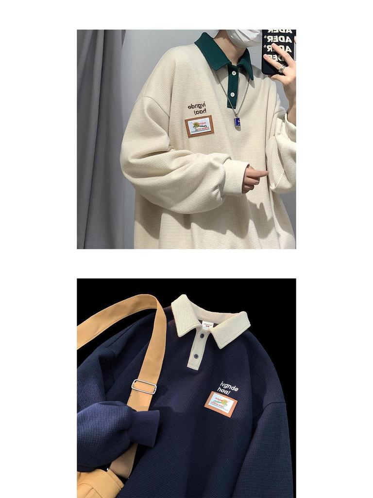 Męska koszulka polo wafelkowa w stylu vintage retro - luźny krój, kołnierzyk z klapami, na wiosnę/jesień, styl unisex