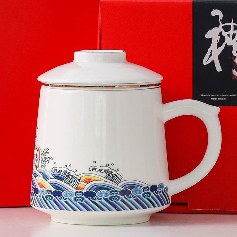 Guochao Style Ceramic Teacup with Filter - Chinese Tea & Water Separation, Customizable Logo for Office Gift
