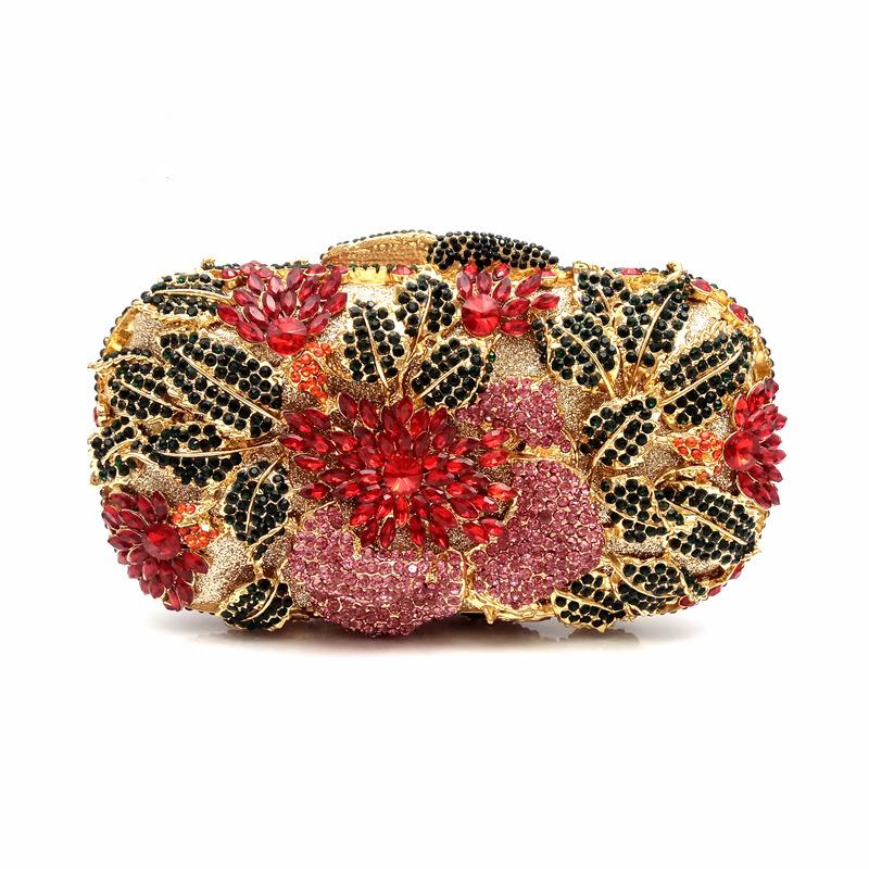 Floral Women Crystal Rhinestone Evening Bags Black Diamond Clutch Bag Wedding Bridal Clutches Gold Metal Handbag Purse Bags