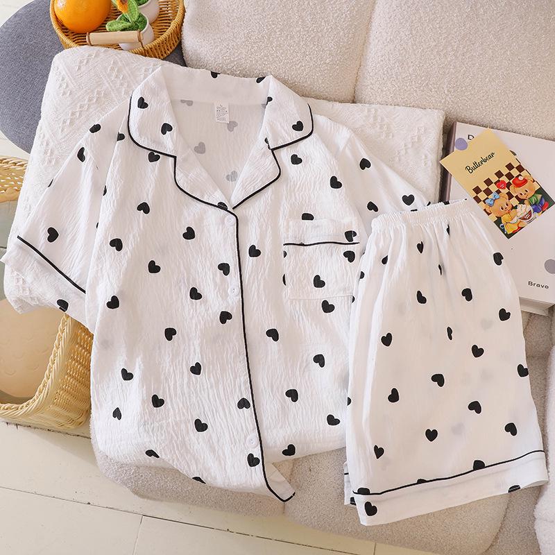 Damski Letni Zestaw Piżamy z Bawełny Chmurkowej - Słodki Styl Ins, Krótki Rękaw i Spodenki. Nadaje się do użytku na zewnątrz.