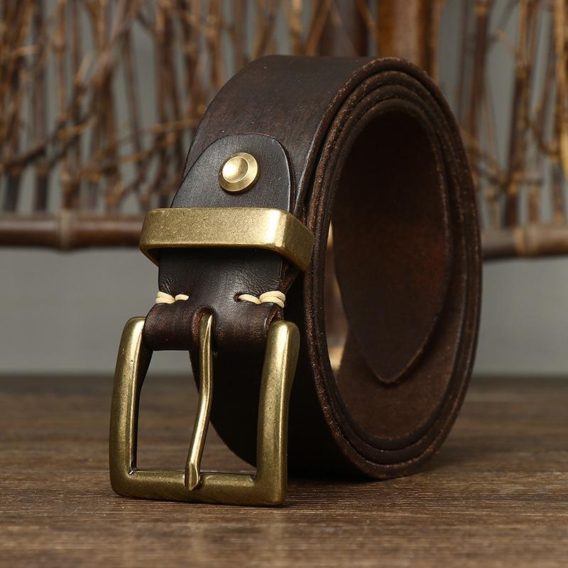 Korean Version Trendy Retro Style Belt Men'S Genuine Leather First Layer Cowhide New Copper Buckle Denim Overalls Belt Men'S