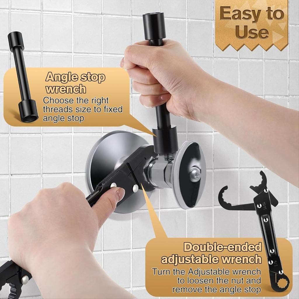 Plumbing Tool Angle Stop Wrench Set with Compression Socket Puller Tool, Water Pipe Wrench for Installing Angle