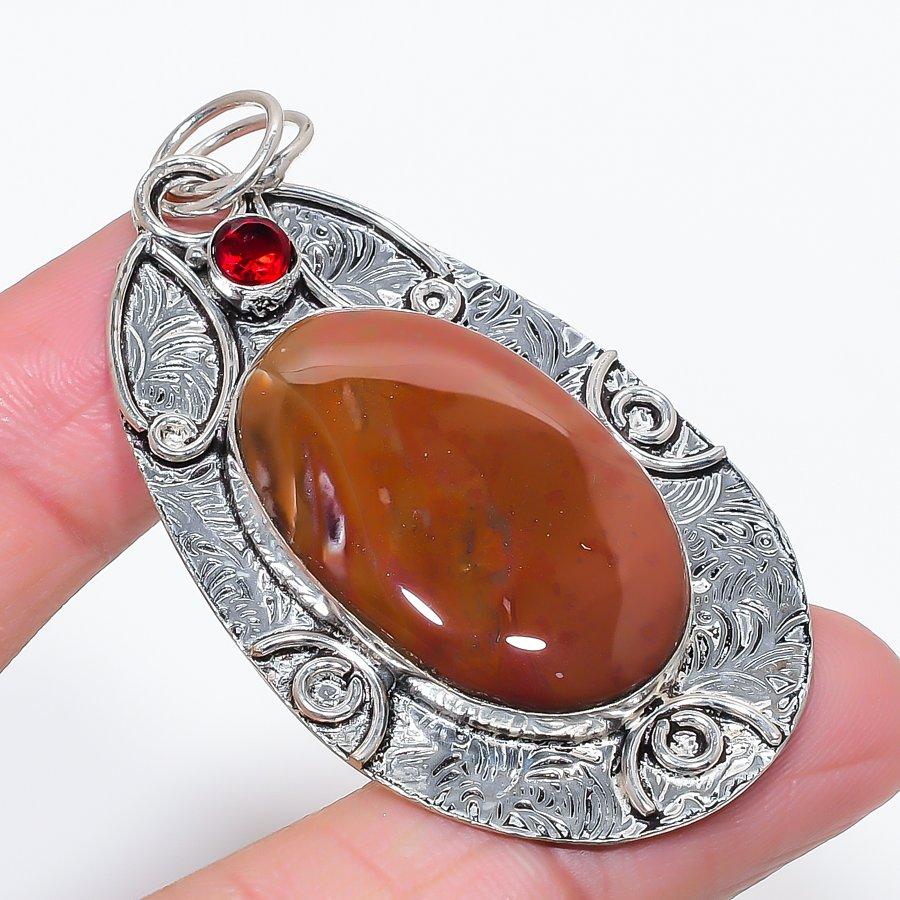 Natural Bloodstone, Garnet 925 Sterling Silver Jewelry Pendant 2.64" u1Q42