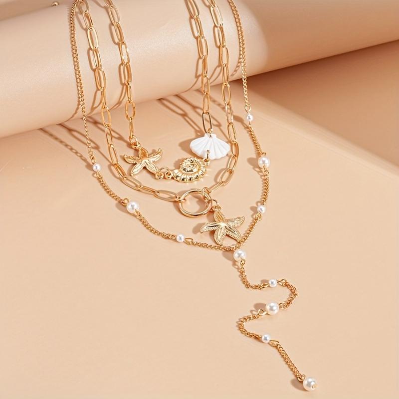 Personalized Trendy Chain Starfish Flower Multi-layer Necklace, Women's Vacation Style Holiday Party Accessories Gift